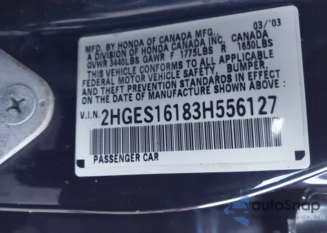 2003 Honda Civic Dx из США, поврежденный, VIN 2HGES16183H556127